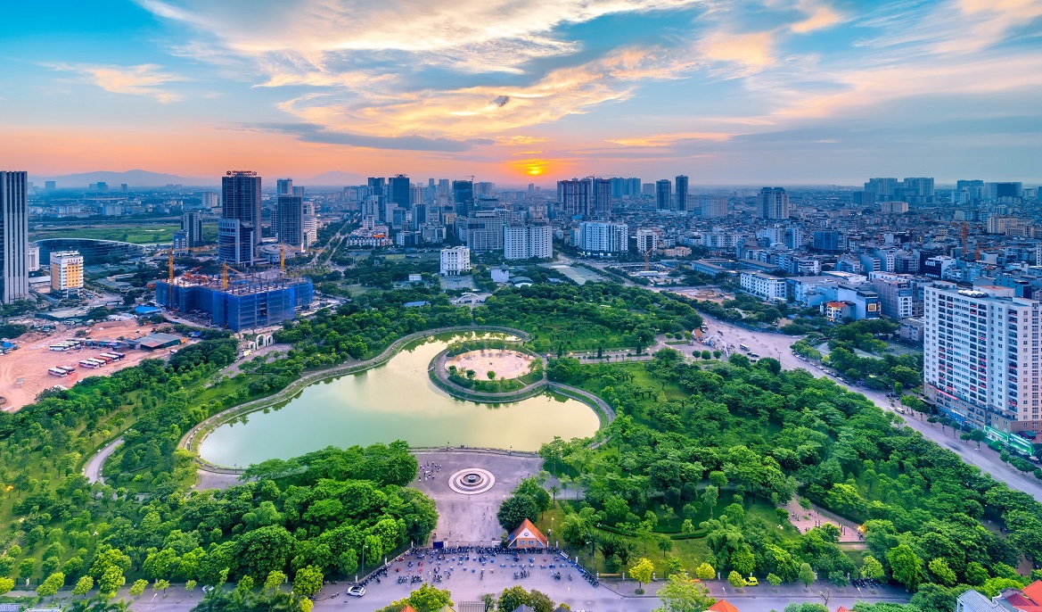 Hanoi Skyline Cityscape At Twilight Period. Cau Giay Park, West
