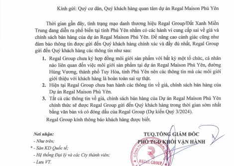 Regal Group thông tin về tình trạng mạo danh thương hiệu Regal Group/Đất Xanh Miền Trung tại dự án Regal Maison Phu Yen