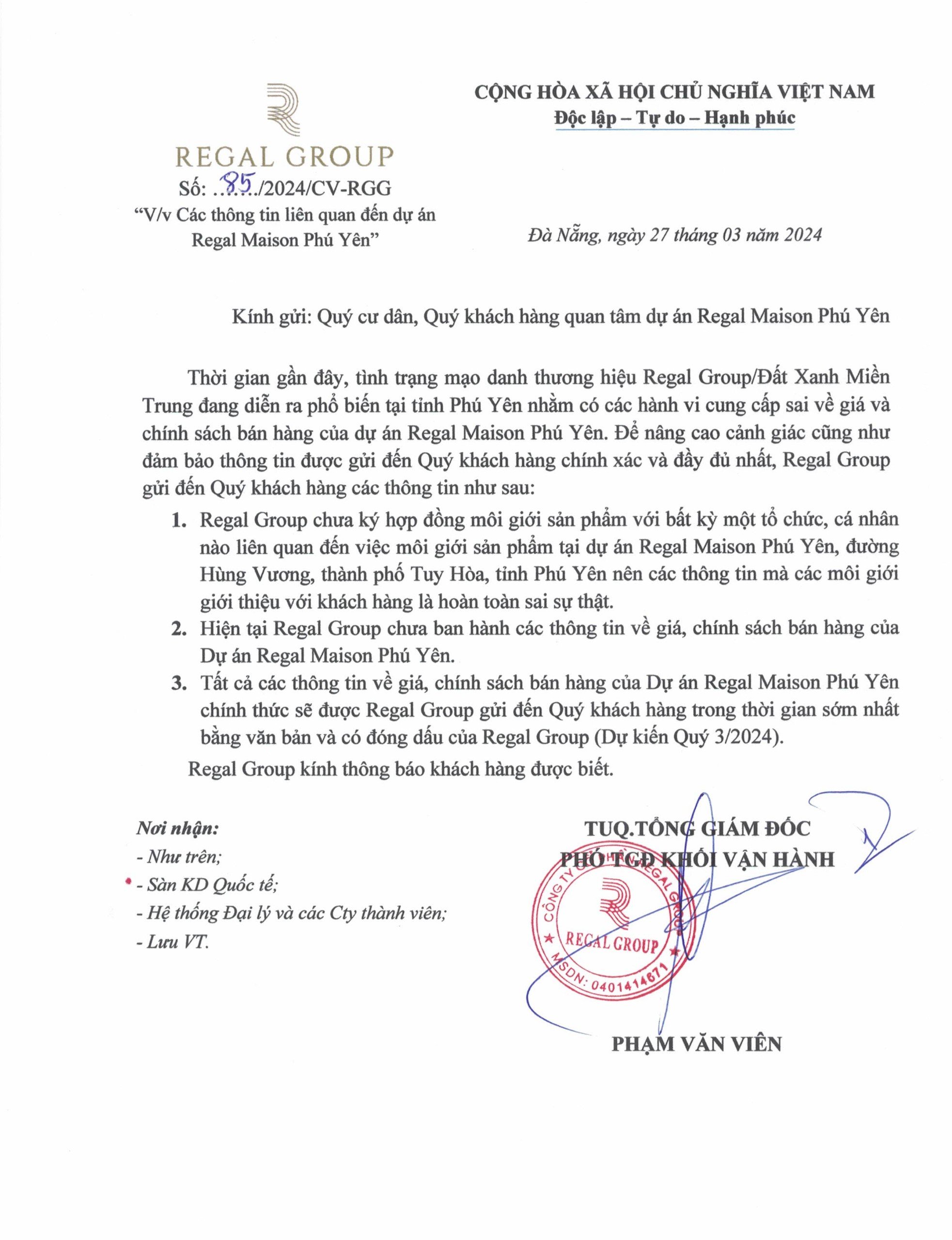 Regal Group thông tin về tình trạng mạo danh thương hiệu Regal Group/Đất Xanh Miền Trung tại dự án Regal Maison Phu Yen